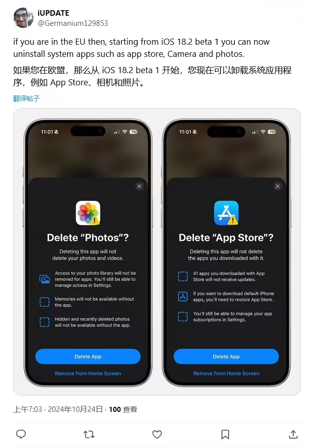 望江苹果手机维修分享iOS 18.2 支持删除 App Store 应用商店 